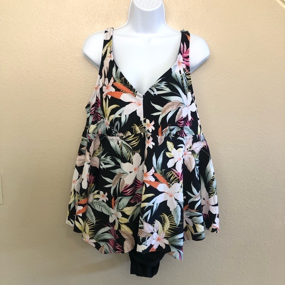 Kona Sol Black Tropical Floral tankini top with Peach & Green Accents